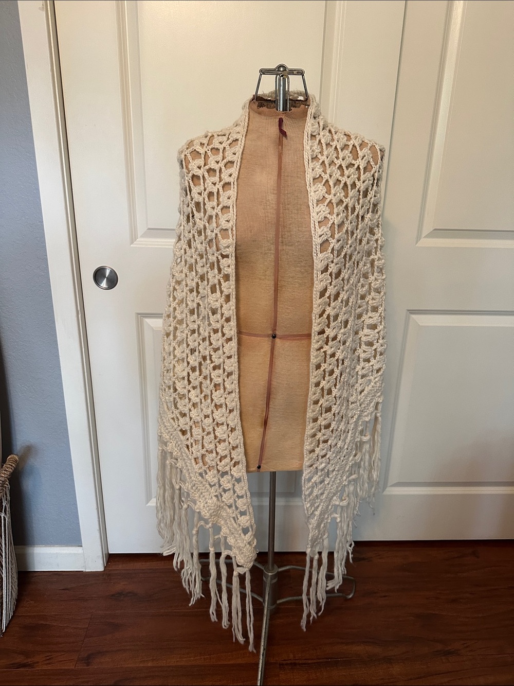 Cream Crochet Fringe Throw Shawl - Soft Open Weave